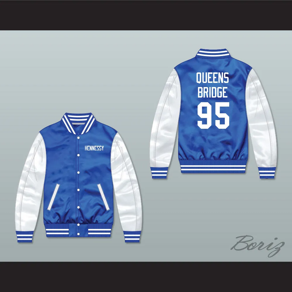 Hennessy Queens Bridge 95 Blue/ White Varsity Letterman Satin Bomber Jacket