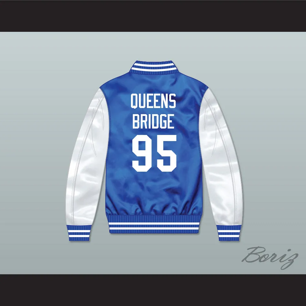 Hennessy Queens Bridge 95 Blue/ White Varsity Letterman Satin Bomber Jacket