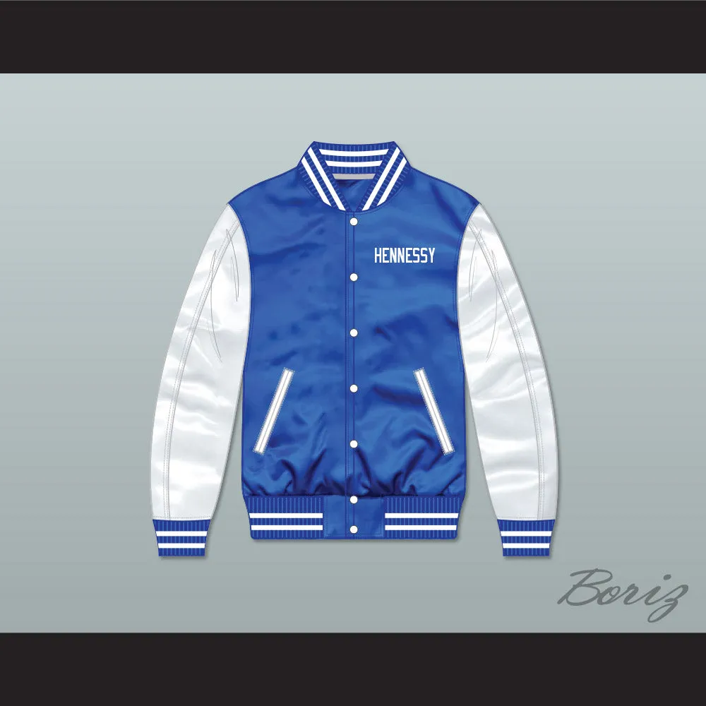 Hennessy Queens Bridge 95 Blue/ White Varsity Letterman Satin Bomber Jacket