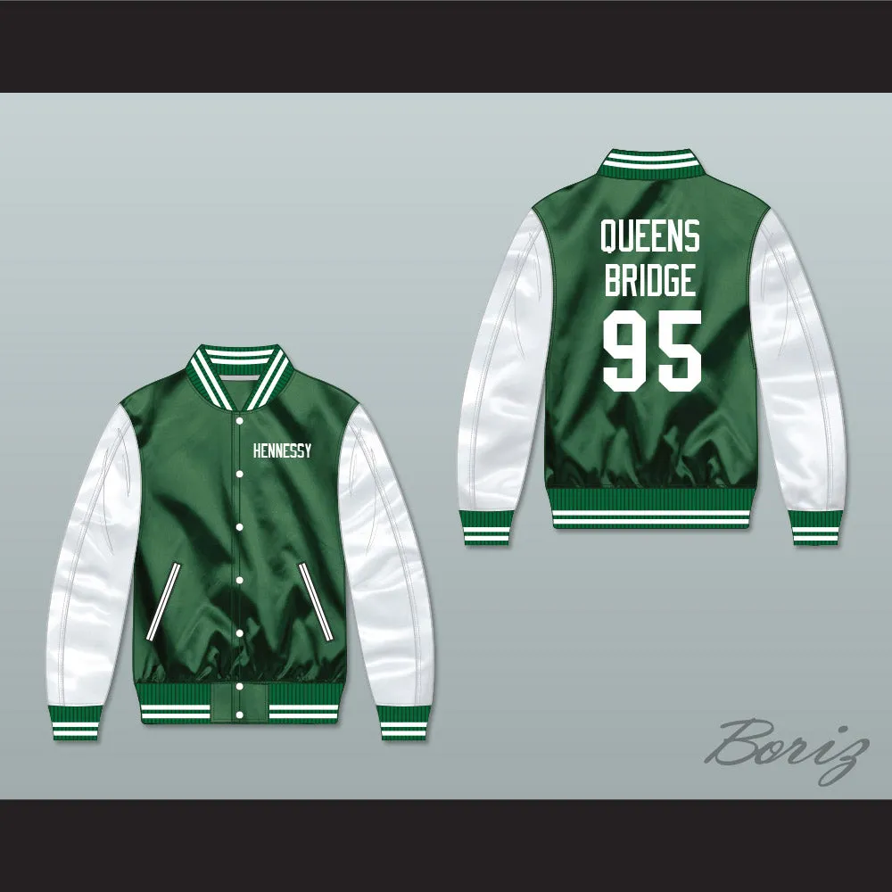 Hennessy Queens Bridge 95 Green/ White Varsity Letterman Satin Bomber Jacket