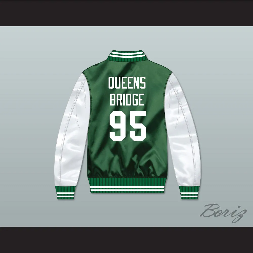 Hennessy Queens Bridge 95 Green/ White Varsity Letterman Satin Bomber Jacket