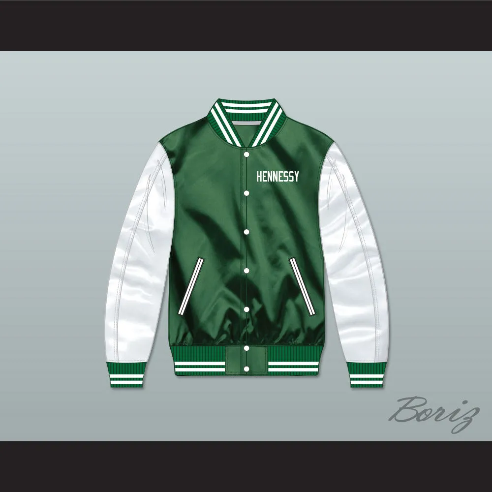 Hennessy Queens Bridge 95 Green/ White Varsity Letterman Satin Bomber Jacket