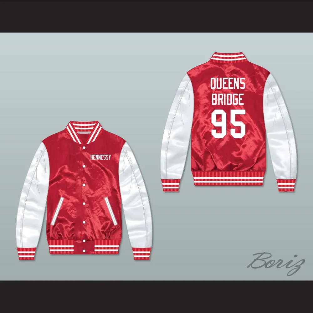 Hennessy Queens Bridge 95 Red/ White Varsity Letterman Satin Bomber Jacket