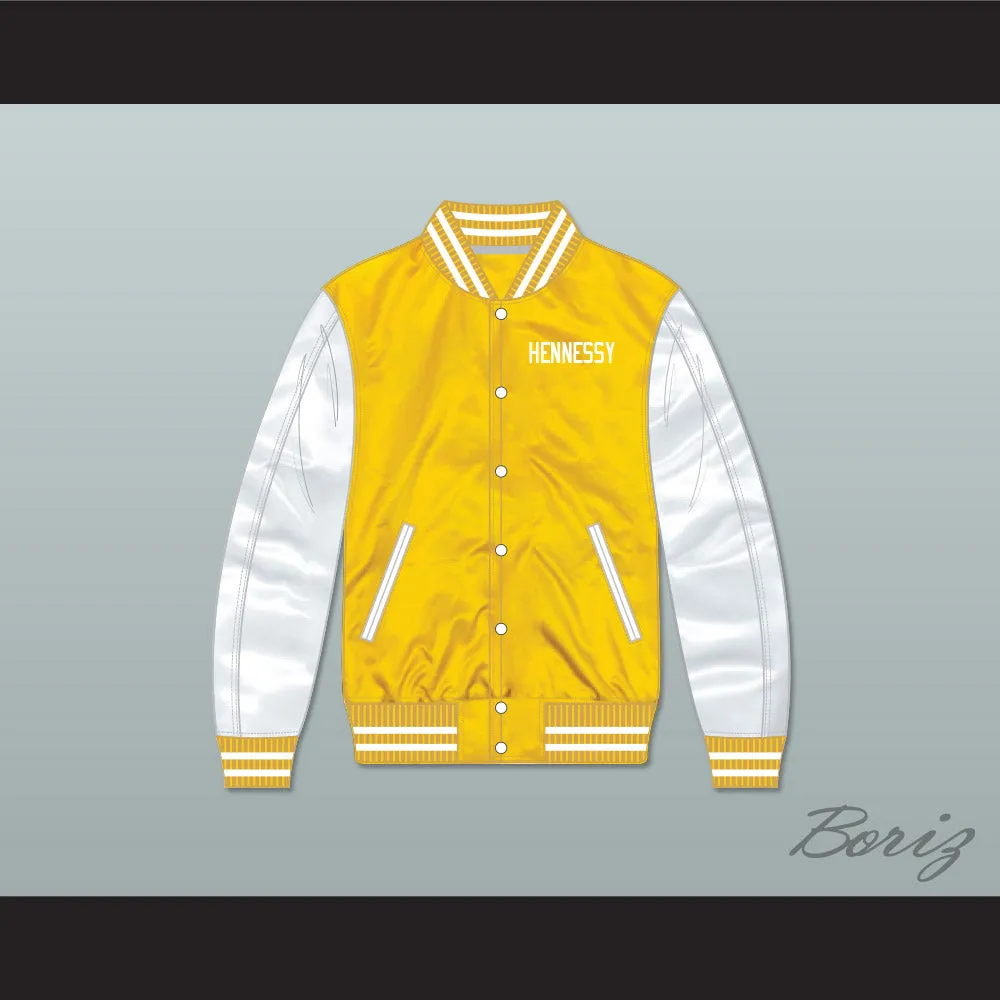 Hennessy Queens Bridge 95 Yellow/ White Varsity Letterman Satin Bomber Jacket