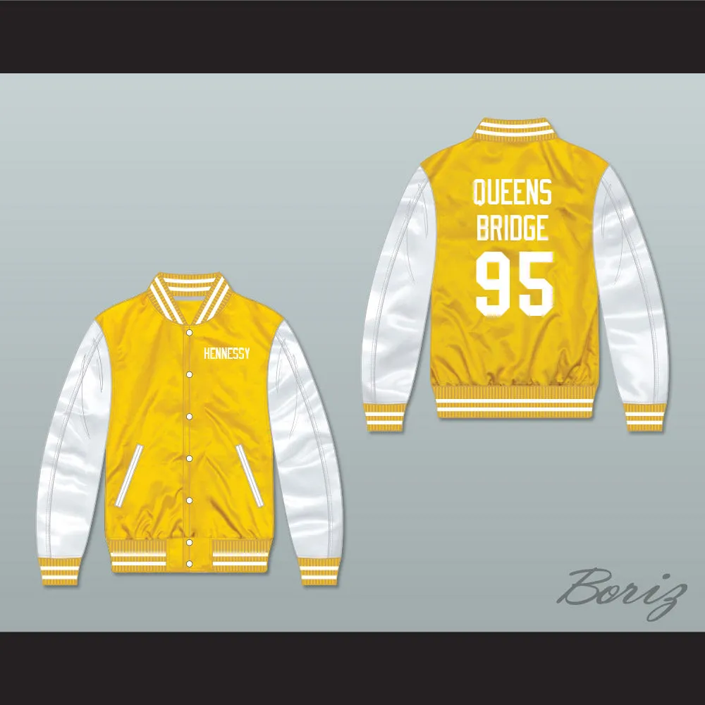 Hennessy Queens Bridge 95 Yellow/ White Varsity Letterman Satin Bomber Jacket