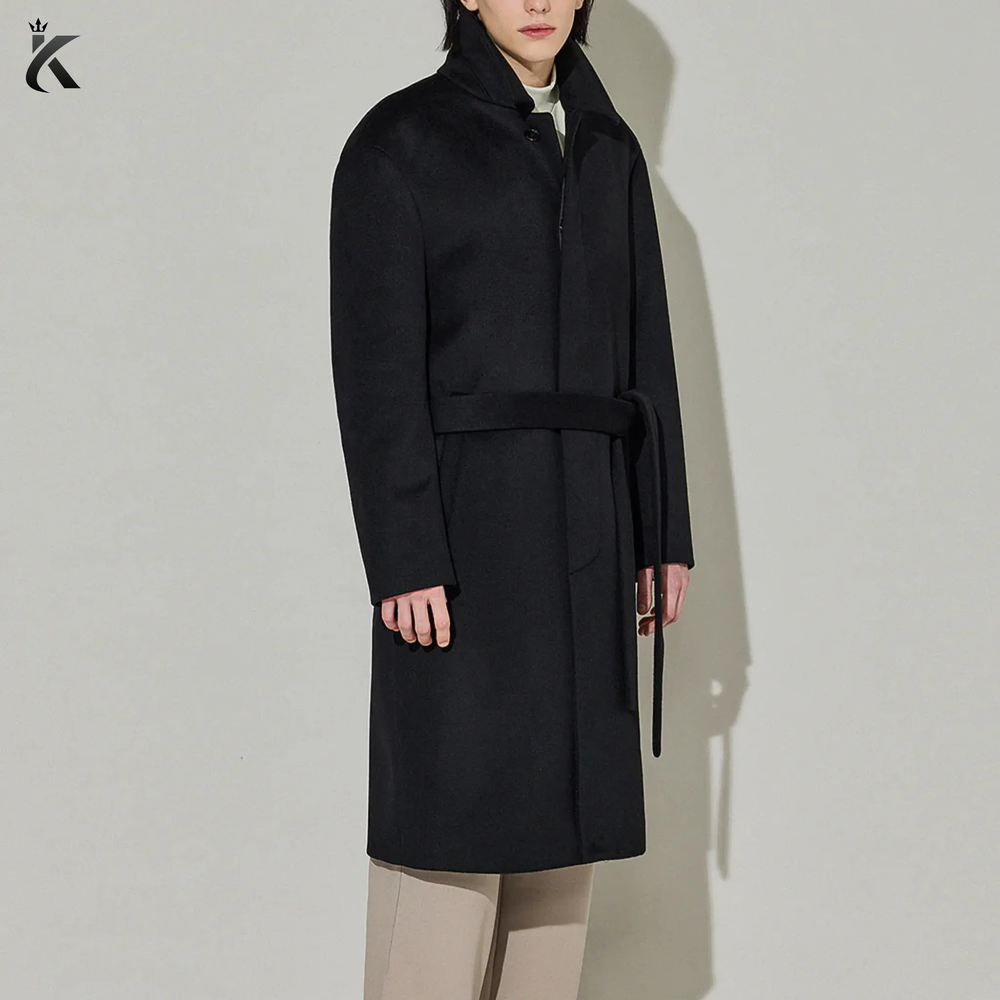 High Quality Fabric Men Single-Breasted Belted Cashmere Mac Balmacaan Long Coat - Men's Trench Coat