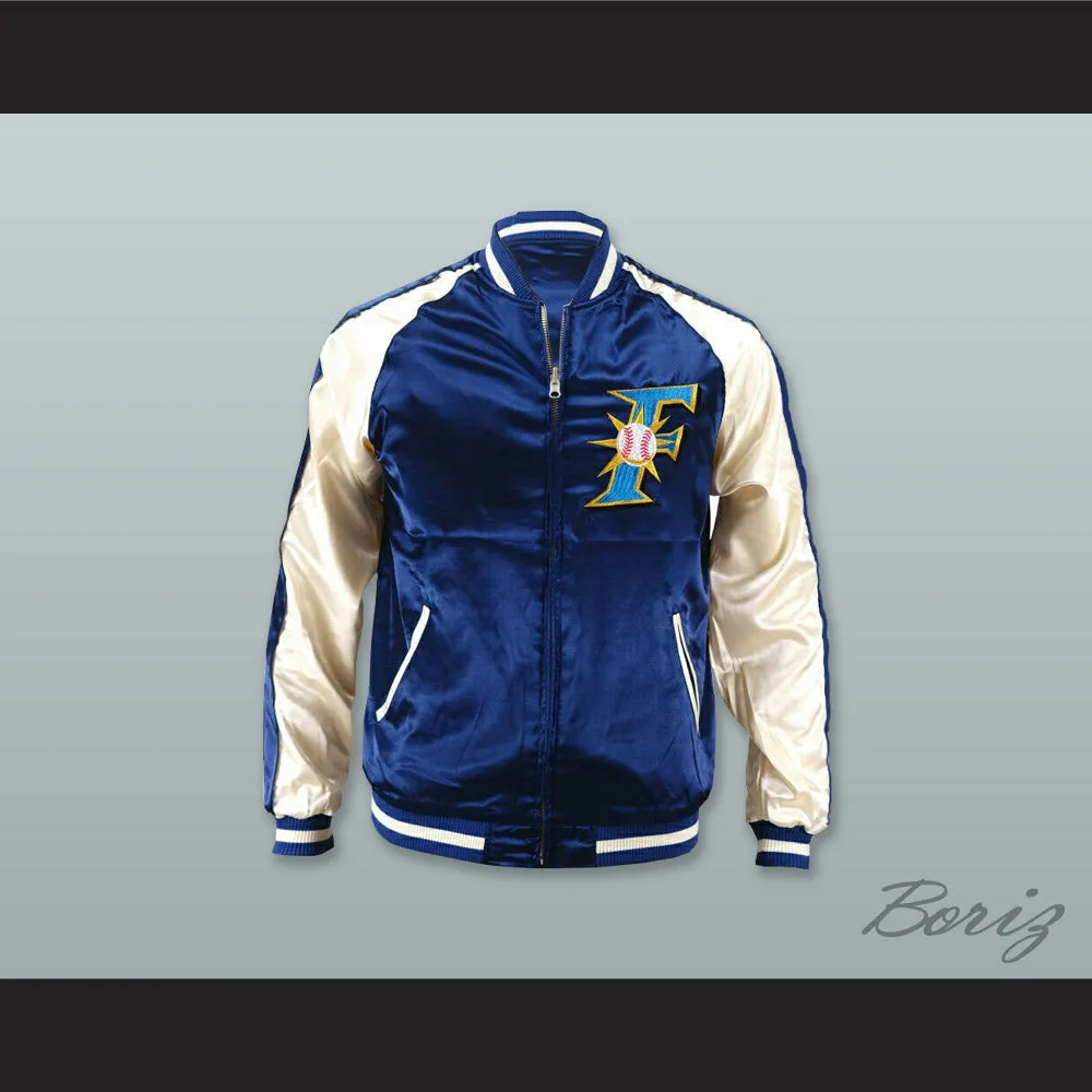 Hokkaido Nippon-Ham Fighters Blue and White Varsity Letterman Satin Bomber Jacket