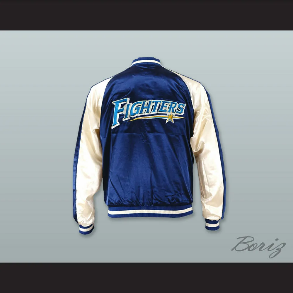 Hokkaido Nippon-Ham Fighters Blue and White Varsity Letterman Satin Bomber Jacket