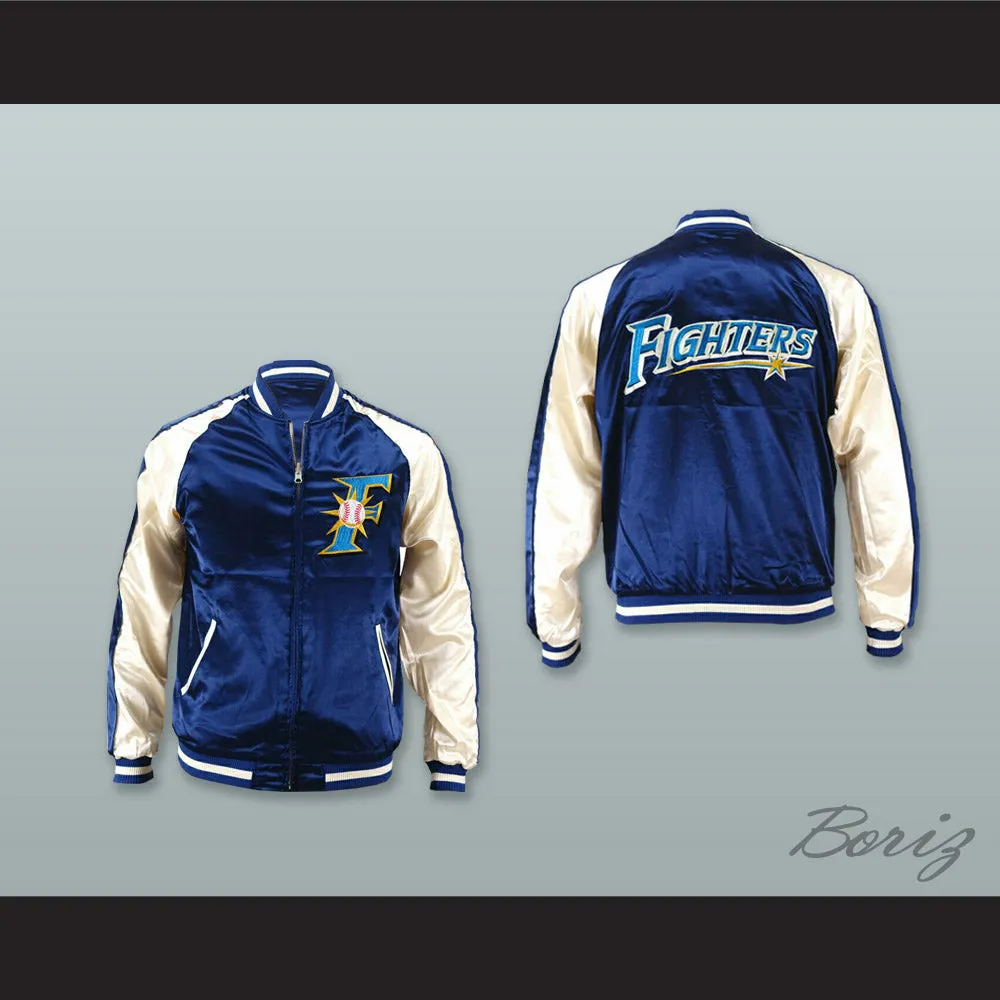 Hokkaido Nippon-Ham Fighters Blue and White Varsity Letterman Satin Bomber Jacket