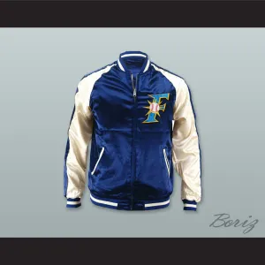 Hokkaido Nippon-Ham Fighters Blue and White Varsity Letterman Satin Bomber Jacket