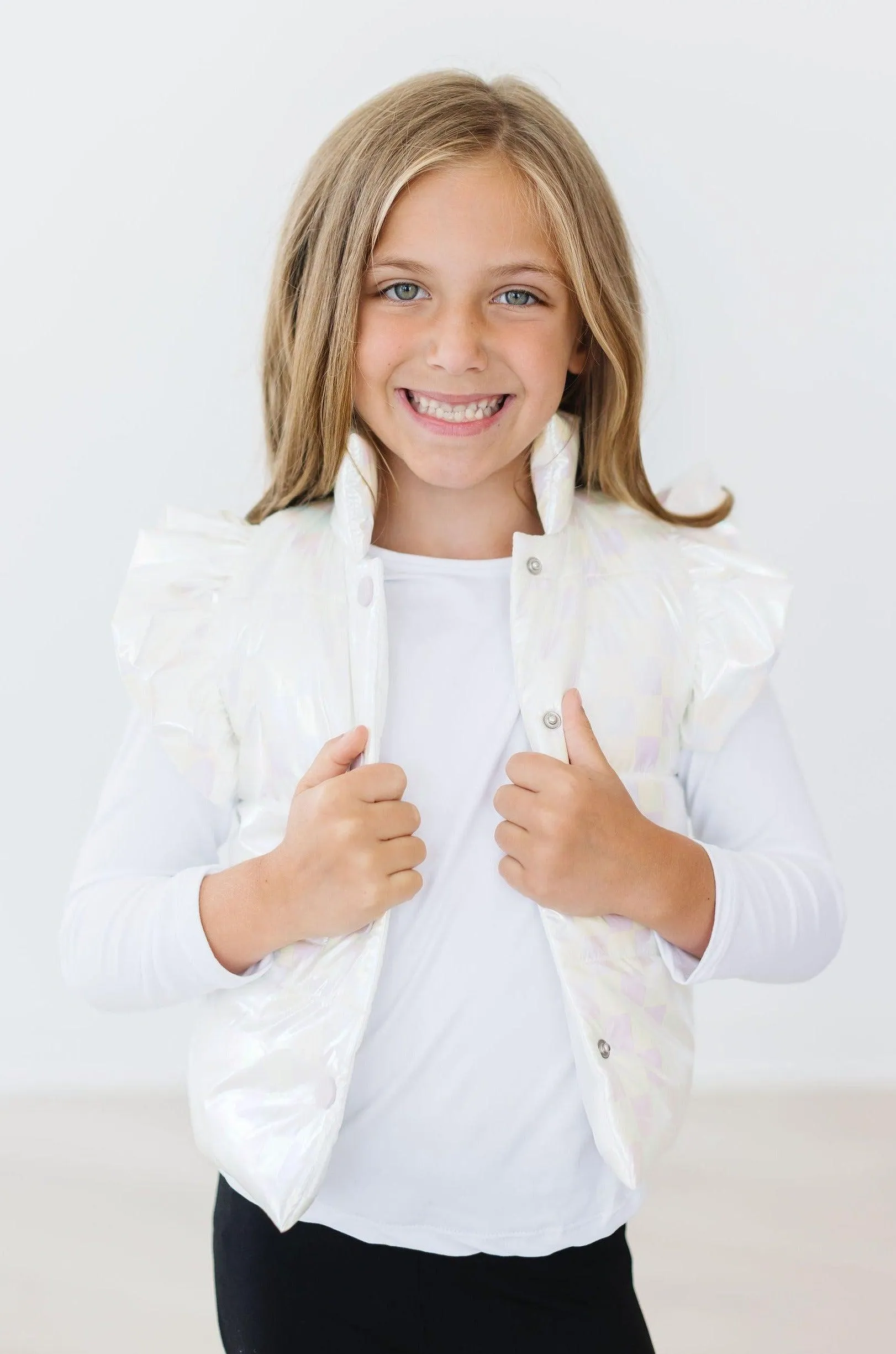 Iridescent White Checker Puffer Vest