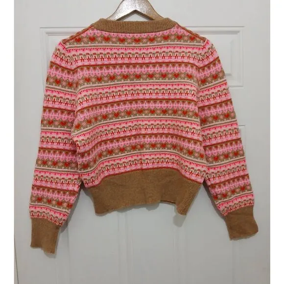 J crew womens medium pink tan fairisle puffer sleeve semi cropped sweater