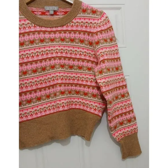 J crew womens medium pink tan fairisle puffer sleeve semi cropped sweater