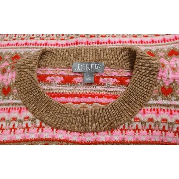 J crew womens medium pink tan fairisle puffer sleeve semi cropped sweater
