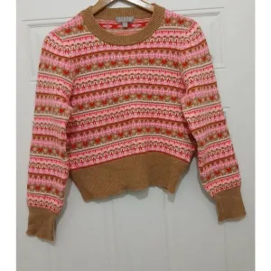 J crew womens medium pink tan fairisle puffer sleeve semi cropped sweater