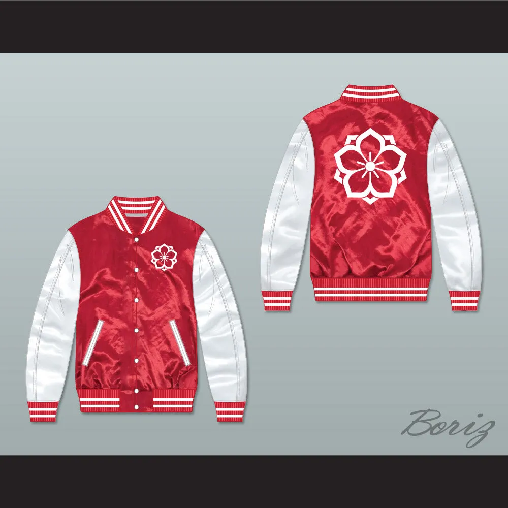 Japanese Flower Design Red/ White Varsity Letterman Satin Bomber Jacket
