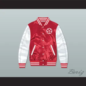 Japanese Flower Design Red/ White Varsity Letterman Satin Bomber Jacket