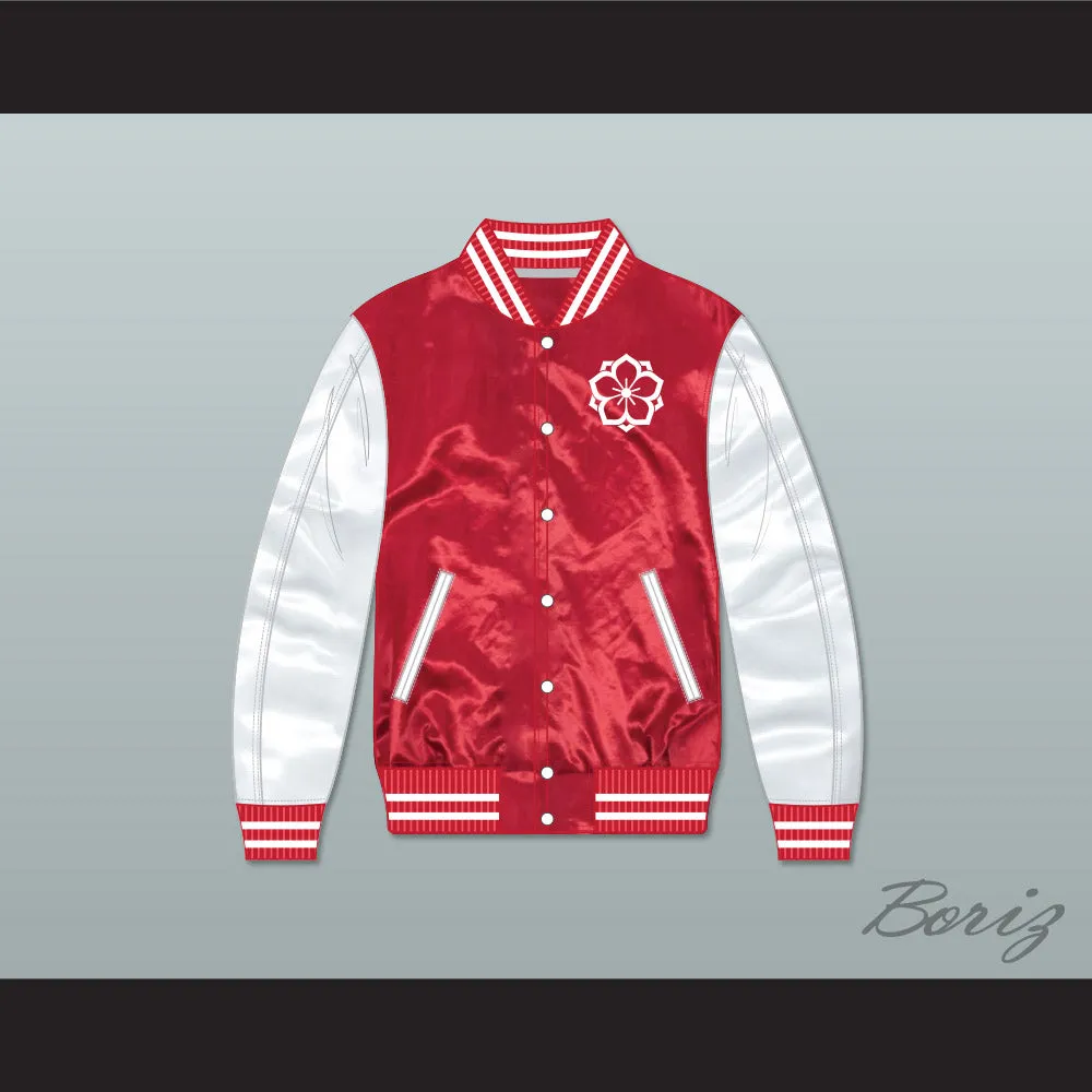 Japanese Flower Design Red/ White Varsity Letterman Satin Bomber Jacket