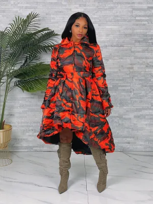 JK206P - CAMO HI-LO PUFFER BUTTON DOWN JACKET
