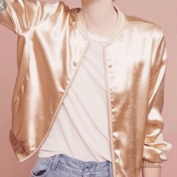 JOA Anthropologie Gold Satin Bomber Jacket M