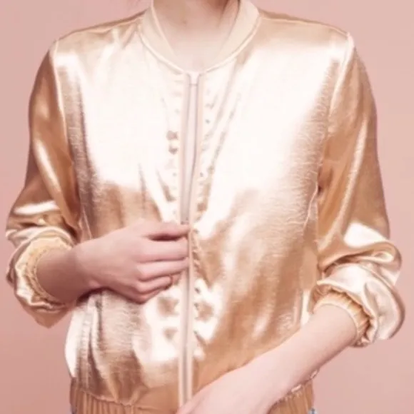 JOA Anthropologie Gold Satin Bomber Jacket M