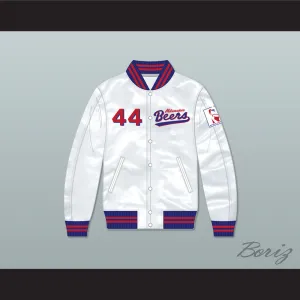 Joe Cooper 44 Milwaukee Beers BASEketball White Varsity Letterman Satin Bomber Jacket