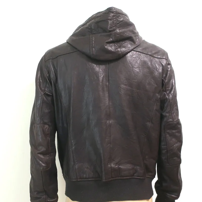 John Varvatos Leather Hooded Bomber Jacket Dark Brown Size Large