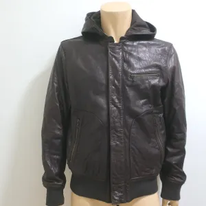 John Varvatos Leather Hooded Bomber Jacket Dark Brown Size Large