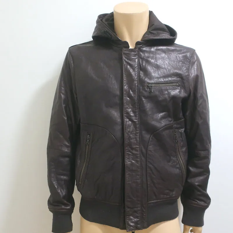 John Varvatos Leather Hooded Bomber Jacket Dark Brown Size Large