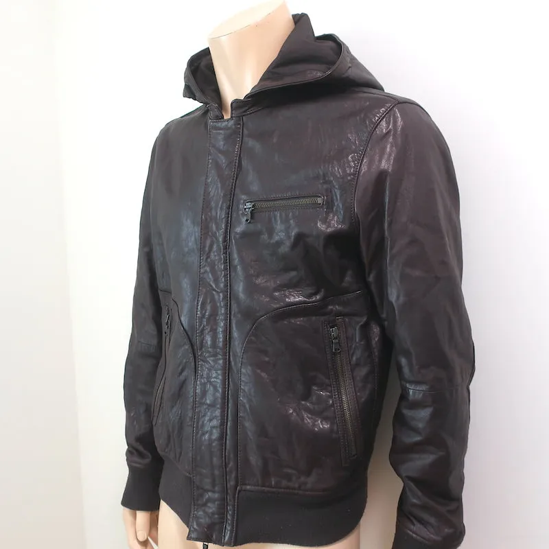 John Varvatos Leather Hooded Bomber Jacket Dark Brown Size Large