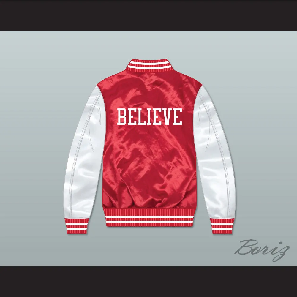 Justin Bieber Believe Red/ White Varsity Letterman Satin Bomber Jacket