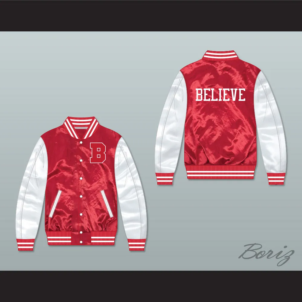 Justin Bieber Believe Red/ White Varsity Letterman Satin Bomber Jacket