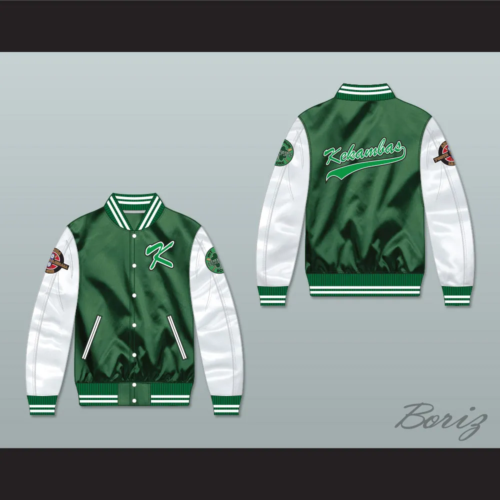 Kekambas Green/ White Varsity Letterman Satin Bomber Jacket 4