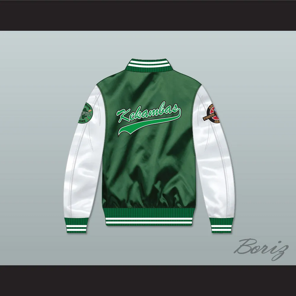 Kekambas Green/ White Varsity Letterman Satin Bomber Jacket 4