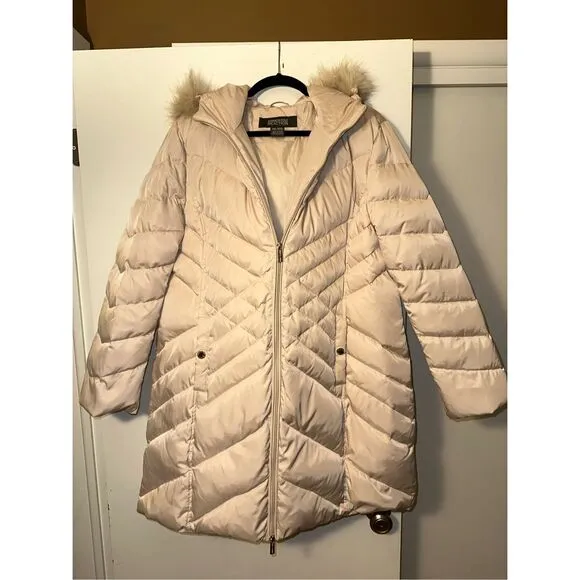 Kenneth Cole Reaction Beige Quilted Down Faux Fur Coat XXL EUC