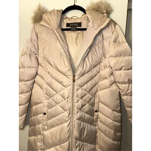 Kenneth Cole Reaction Beige Quilted Down Faux Fur Coat XXL EUC