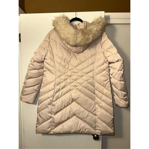 Kenneth Cole Reaction Beige Quilted Down Faux Fur Coat XXL EUC