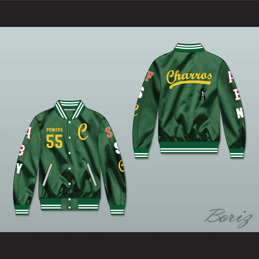Kenny Powers 55 Charros Career Atlanta/Boston/New York/San Francisco/Seattle Green Varsity Letterman Satin Bomber Jacket