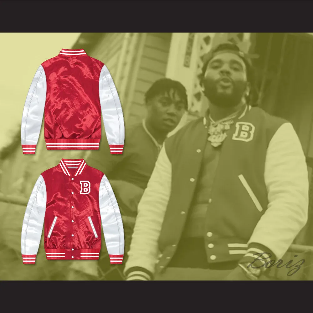 Kevin Gates No Security Red and White Varsity Letterman Satin Bomber Jacket