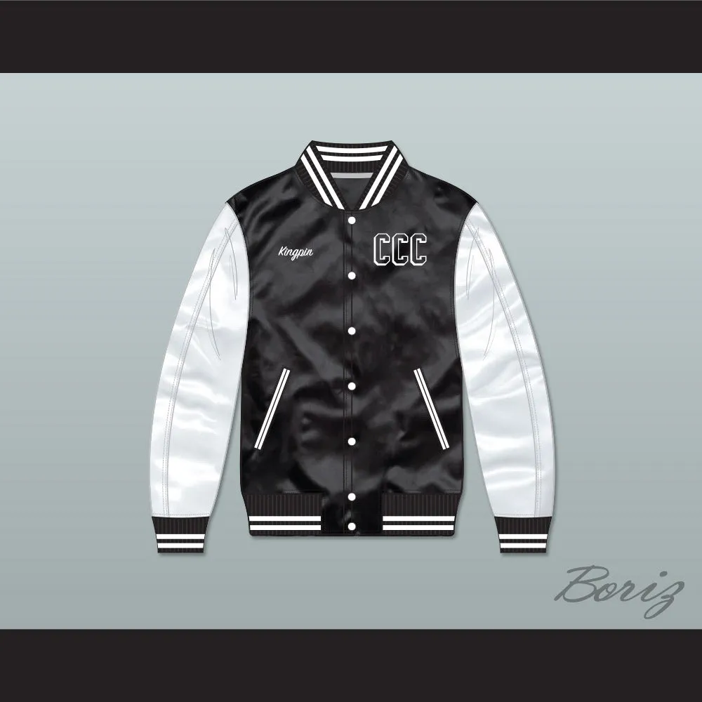 Kingpin Cartel Community College Black/ White Varsity Letterman Satin Bomber Jacket