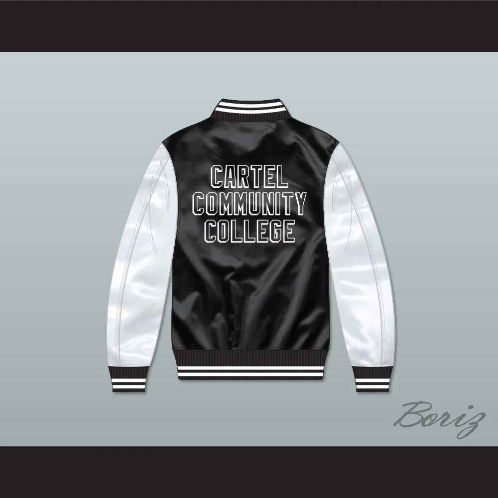 Kingpin Cartel Community College Black/ White Varsity Letterman Satin Bomber Jacket