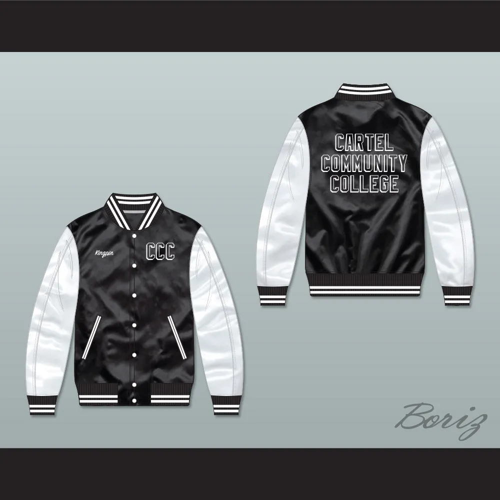 Kingpin Cartel Community College Black/ White Varsity Letterman Satin Bomber Jacket