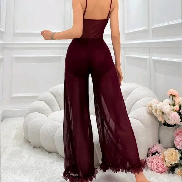 Lace Detailing Hollow Out Mesh Cami Jumpsuit