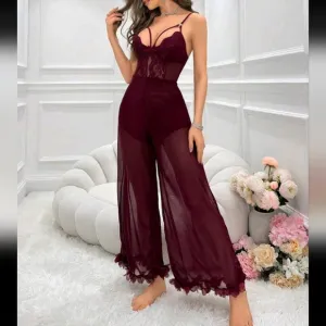 Lace Detailing Hollow Out Mesh Cami Jumpsuit