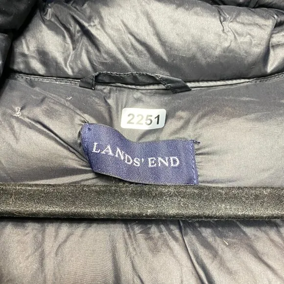 Lands' End Down Puffer Coat Women's XL Black Full Zip Hooded Long Jacket