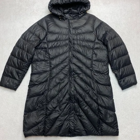 Lands' End Down Puffer Coat Women's XL Black Full Zip Hooded Long Jacket