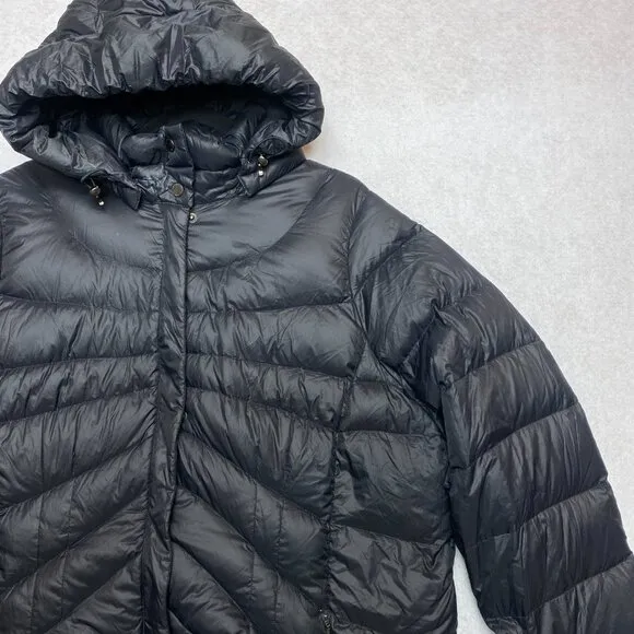 Lands' End Down Puffer Coat Women's XL Black Full Zip Hooded Long Jacket