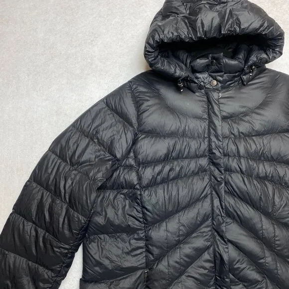 Lands' End Down Puffer Coat Women's XL Black Full Zip Hooded Long Jacket