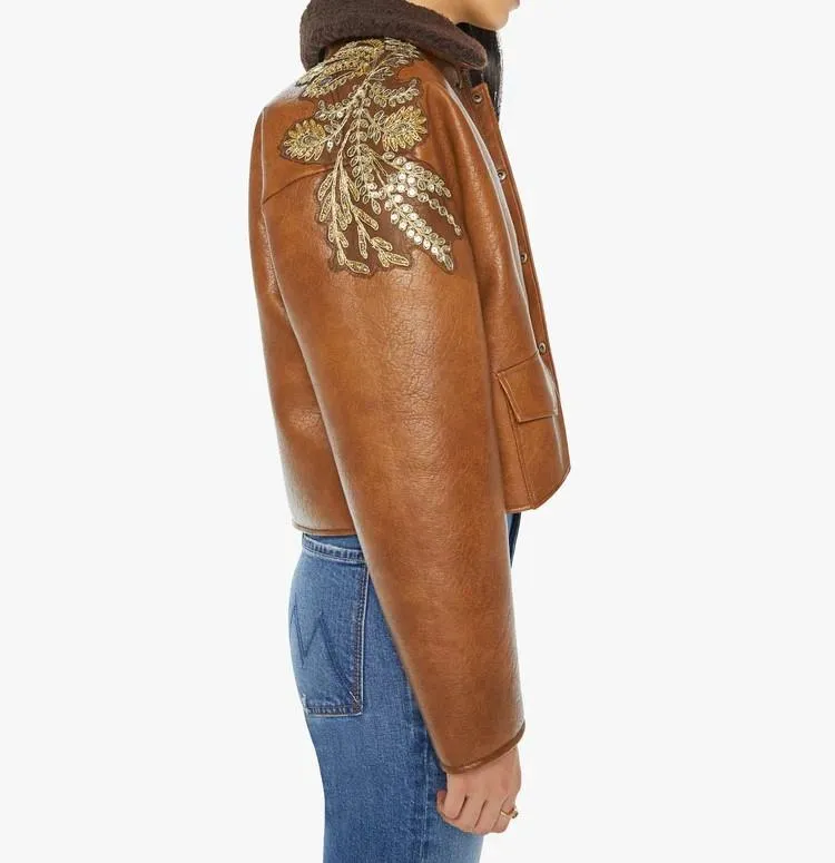 Lapel embroidered leather bomber jacket