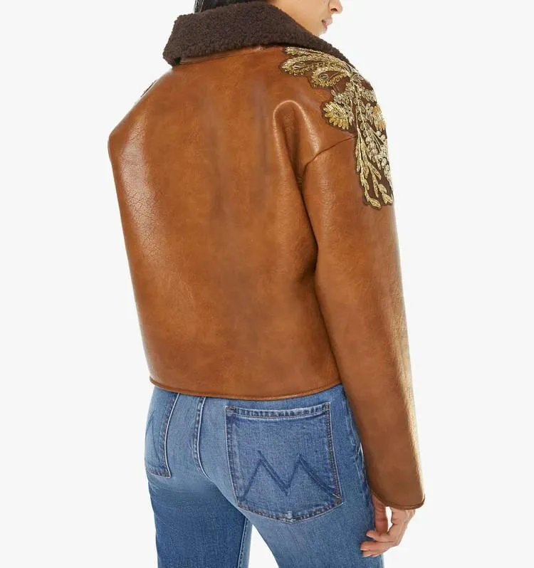 Lapel embroidered leather bomber jacket